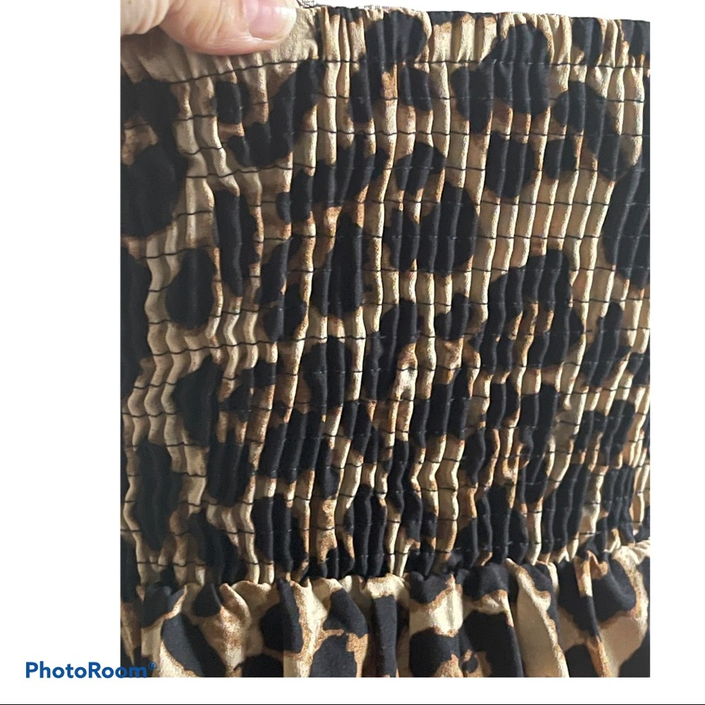 Leopard Print Strapless Smocked Hi-Lo Dress W/ Front Zipper Closure Womens Small - Picture 7 of 14